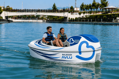 Fibratek AquaFun Türkiye ELYS model, lacivert beyaz kompozit gövdeli, dört kişilik, motorlu açılır kapanır tavan sistemine sahip premium deniz bisikletinin açık ve kapalı görünümü.
