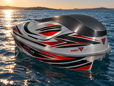 Fibratek AquaFun Türkiye ELYS model, lacivert beyaz kompozit gövdeli, dört kişilik, motorlu açılır kapanır tavan sistemine sahip premium deniz bisikletinin açık ve kapalı görünümü.