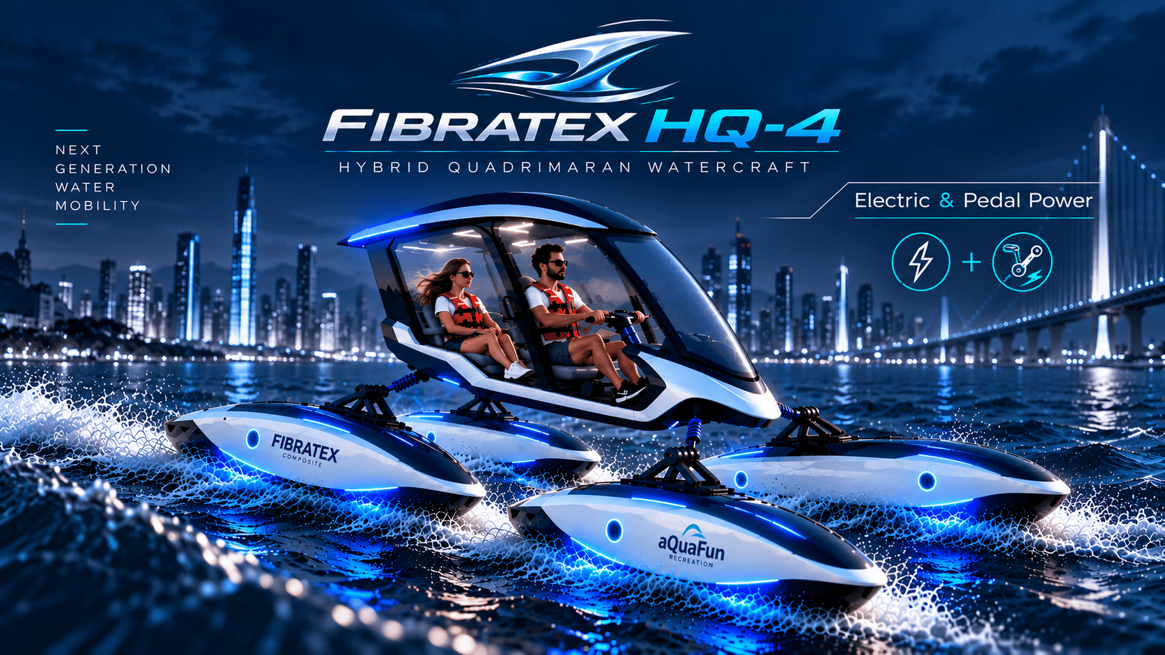 FIBRATEX HQ-4 hibrit quadrimaran deniz bisikleti, dört bağımsız süspansiyonlu gövde, iki kişilik fütüristik kabin, elektrikli ve pedallı sürüş sistemi.