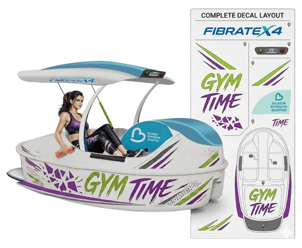 Fibratek AquaFun Türkiye SPOR ZAMANI kardiyo fitness deniz bisikleti, dört kişilik kompozit gövde, tavanlı sportif tasarım ve su üzerinde pedal egzersizi konsepti.