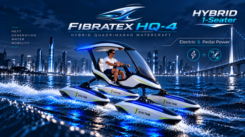 FIBRATEX HQ-4 hibrit quadrimaran deniz bisikleti, dört bağımsız süspansiyonlu gövde, iki kişilik fütüristik kabin, elektrikli ve pedallı sürüş sistemi.
