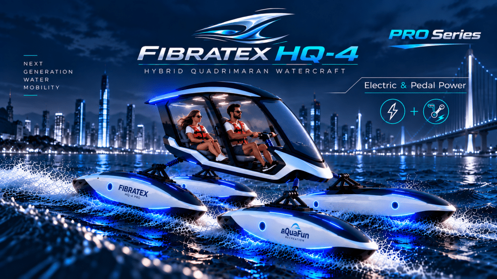 FIBRATEX HQ-4 hibrit quadrimaran deniz bisikleti, dört bağımsız süspansiyonlu gövde, iki kişilik fütüristik kabin, elektrikli ve pedallı sürüş sistemi.