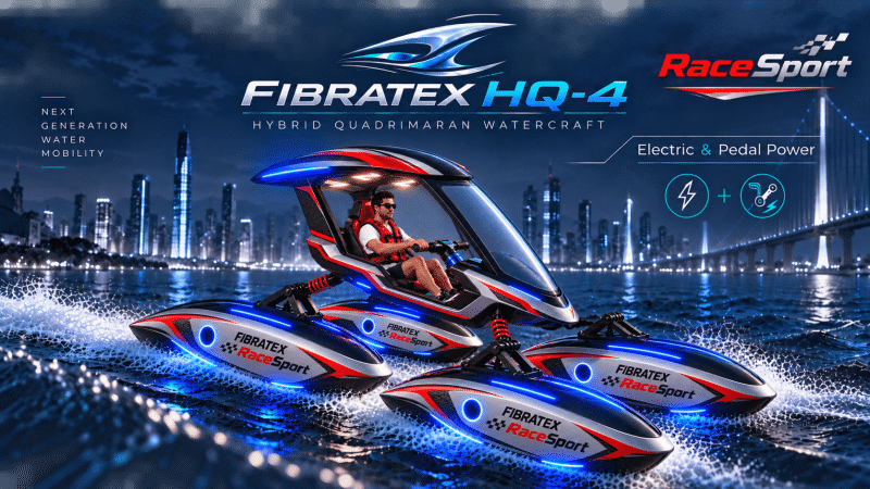 FIBRATEX HQ-4 hibrit quadrimaran deniz bisikleti, dört bağımsız süspansiyonlu gövde, iki kişilik fütüristik kabin, elektrikli ve pedallı sürüş sistemi.