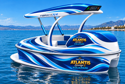Fibratek AquaFun Türkiye ELYS model, lacivert beyaz kompozit gövdeli, dört kişilik, motorlu açılır kapanır tavan sistemine sahip premium deniz bisikletinin açık ve kapalı görünümü.