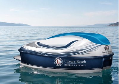 Fibratek AquaFun Türkiye ELYS model, lacivert beyaz kompozit gövdeli, dört kişilik, motorlu açılır kapanır tavan sistemine sahip premium deniz bisikletinin açık ve kapalı görünümü.