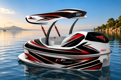 Fibratek AquaFun Türkiye ELYS model, lacivert beyaz kompozit gövdeli, dört kişilik, motorlu açılır kapanır tavan sistemine sahip premium deniz bisikletinin açık ve kapalı görünümü.