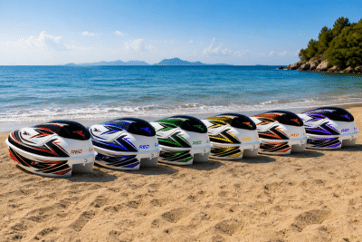 Fibratek AquaFun Türkiye ELYS model, lacivert beyaz kompozit gövdeli, dört kişilik, motorlu açılır kapanır tavan sistemine sahip premium deniz bisikletinin açık ve kapalı görünümü.
