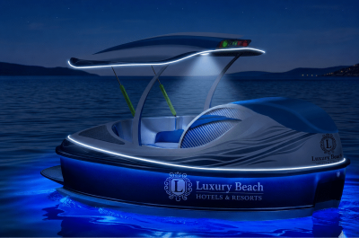 Fibratek AquaFun Türkiye ELYS model, lacivert beyaz kompozit gövdeli, dört kişilik, motorlu açılır kapanır tavan sistemine sahip premium deniz bisikletinin açık ve kapalı görünümü.