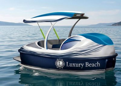 Fibratek AquaFun Türkiye ELYS model, lacivert beyaz kompozit gövdeli, dört kişilik, motorlu açılır kapanır tavan sistemine sahip premium deniz bisikletinin açık ve kapalı görünümü.