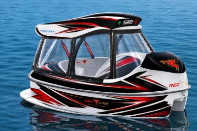 Fibratek AquaFun Türkiye ELYS model, lacivert beyaz kompozit gövdeli, dört kişilik, motorlu açılır kapanır tavan sistemine sahip premium deniz bisikletinin açık ve kapalı görünümü.
