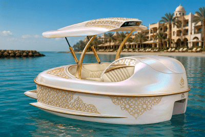 Fibratek AquaFun Türkiye ELYS model, lacivert beyaz kompozit gövdeli, dört kişilik, motorlu açılır kapanır tavan sistemine sahip premium deniz bisikletinin açık ve kapalı görünümü.