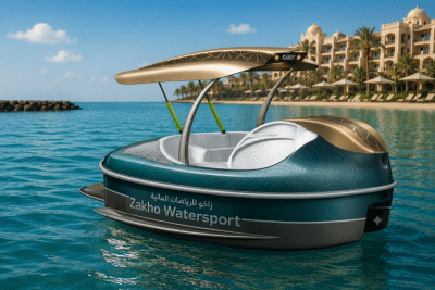 Fibratek AquaFun Türkiye ELYS model, lacivert beyaz kompozit gövdeli, dört kişilik, motorlu açılır kapanır tavan sistemine sahip premium deniz bisikletinin açık ve kapalı görünümü.